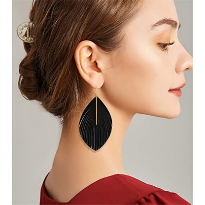 Bohemian Handmade Lightweight Color Large Genuine Soft Leather Fringe Feather Leaf Tear Dangle Drop Earrings for Women Statement - color: Black