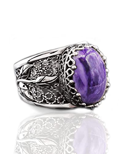 Filigranist 925 Sterling Silver Filigree Art Lace Embroidery Tulip Detailed Gemstone Women Cocktail Ring, Luxurious Gift Boxed - color: Charoite