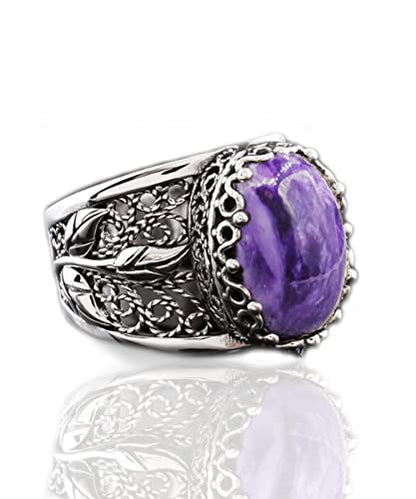 Filigranist 925 Sterling Silver Filigree Art Lace Embroidery Tulip Detailed Gemstone Women Cocktail Ring, Luxurious Gift Boxed - color: Charoite