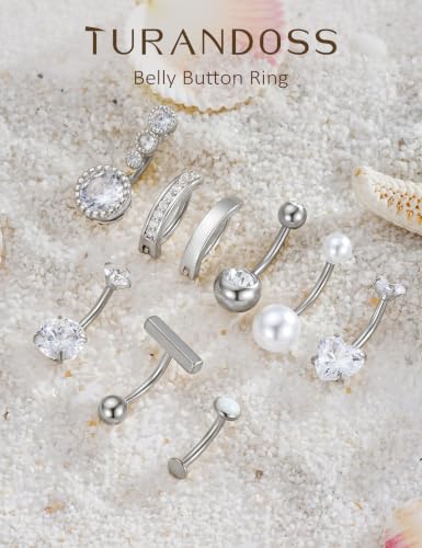 Hypoallergenic Belly Button Ring for Women | 14G, Stainless Steel, Gold Heart CZ Beaded Ball Pearl Belly Ring Stack, Curved Navel Belly Button Piercing Body Jewelry, 9PCS - color: 9PCS-Silver Plated