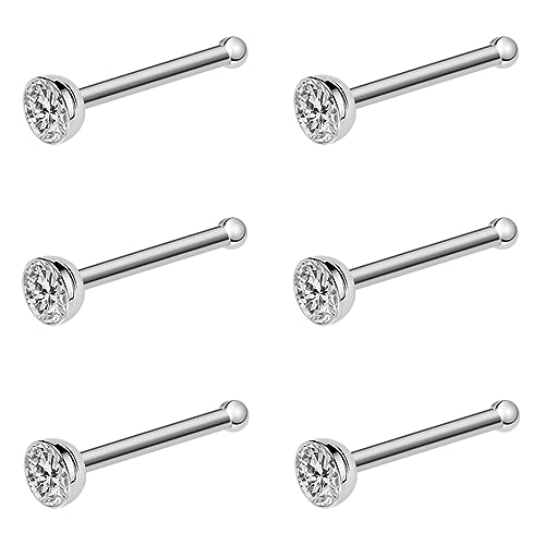 20G & 18G Nose Rings - Black, Silver & Gold Stainless Steel Studs & Screws - L Shaped & Bone Nose Rings Set - Clear CZ Nostril Piercing Jewelry - color: Silver: 3mm White CZ/ Nose Bone/ 18G/ 6Pcs