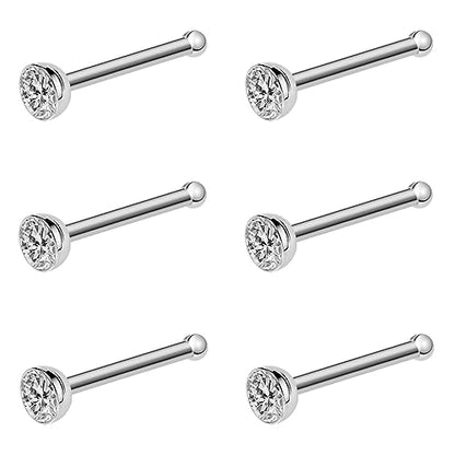 20G & 18G Nose Rings - Black, Silver & Gold Stainless Steel Studs & Screws - L Shaped & Bone Nose Rings Set - Clear CZ Nostril Piercing Jewelry - color: Silver: 3mm White CZ/ Nose Bone/ 18G/ 6Pcs