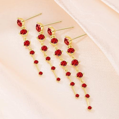 2 Pairs Long Diamond Dangle Tassel Earrings for Women | 14K Gold Silver Plated, Dainty Diamond Crystal Drop Earring, Small Cz Statement Dangly, for Wedding Bridesmaid, Jewelry Gifts - color: 2 Pairs Gold-Red