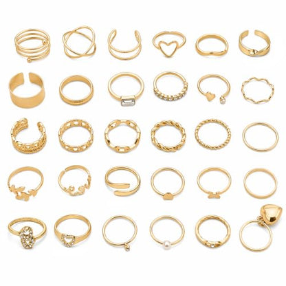 30 Pcs Gold Stackable Rings Set for Women, Cute Finger Midi Rings with Heart Butterfly Designs, Perfect for Stacking Layering on Thumb Knuckle, Mixed Size Gold Plated Statement Rings Pack
