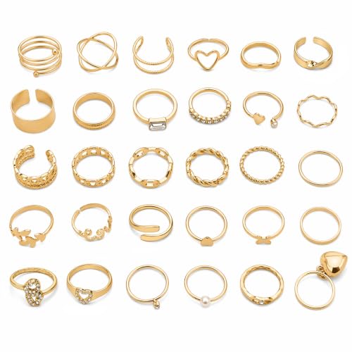 30 Pcs Gold Stackable Rings Set for Women, Cute Finger Midi Rings with Heart Butterfly Designs, Perfect for Stacking Layering on Thumb Knuckle, Mixed Size Gold Plated Statement Rings Pack