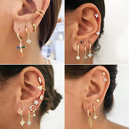 DAILY VIBES Cute Gold Mini Dangle Huggie Hoop Earrings for Women Trendy | 14K Gold Plated, Dainty Cubic Zirconia, Small Hoop Earrings with Charm Drop, Jewelry Gift for Women Ladies - color: Small Flower CZ