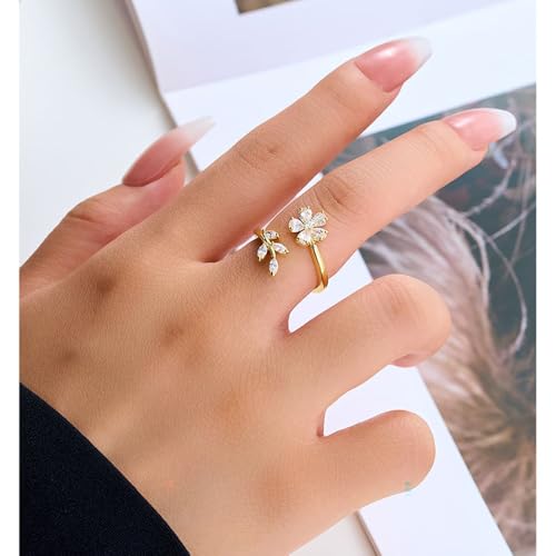 Kokoma Delicate Flower Leaf Wrap Finger Ring for Women Pink Cubic Zirconia Crystal Floral Statement Ring Promise Engagement Rings Adjustable Open Band - color: White