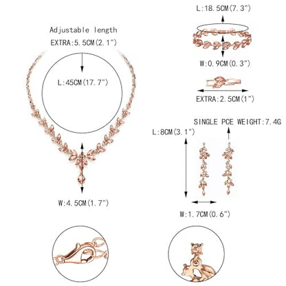 EVER FAITH Marquise Crystal Leaf Bridal Prom Jewelry Set for Women Bride | Rhinestone Wedding Party Necklace Dangle Earrings Tennis Bracelet, for Bridesmaid - color: Peach Rose