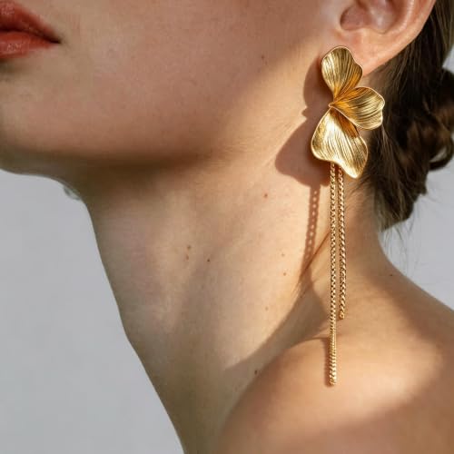 OGD Chunky Gold Statement Earrings For Women Trendy Gold Plated Sectored Flower Leaf Angel Wing Earrings Large Stud Jewlery Hypoallergenic - color: Flower Tassel-Gold