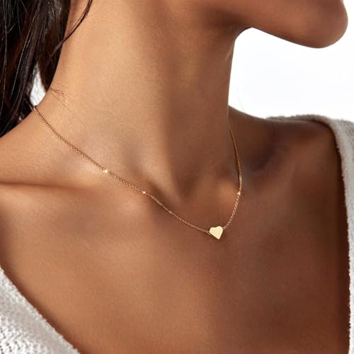 Zeffy Dainty Gold Heart Necklace for Women Trendy 14K Gold/Silver Plate Cute Heart Pendant Choker Necklaces Gold Love Heart Chain Necklace for Women Dainty Gold Jewelry Gifts for Women - style: Tiny Heart Necklace-Gold