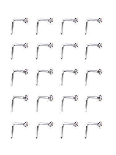 Mudder 20 Pieces Curved Nose Stud Stainless Steel Nose Ring Crystals L Bend Nose Screw Piercing, 20 Gauge - color: White