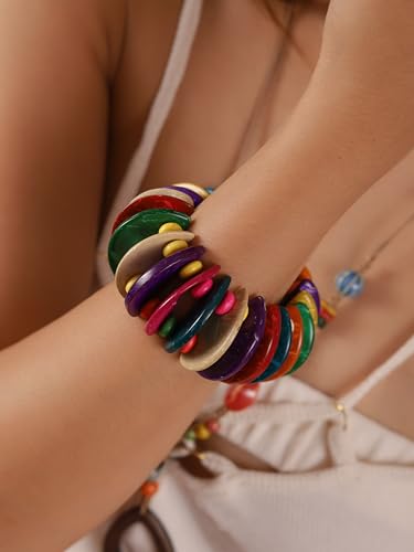 MINACHI Boho Chunky Colorful Wooden Bead Stretch Bracelet, Handmade Bohemian Statement Jewelry For Women - style: Bracelet RAC.001