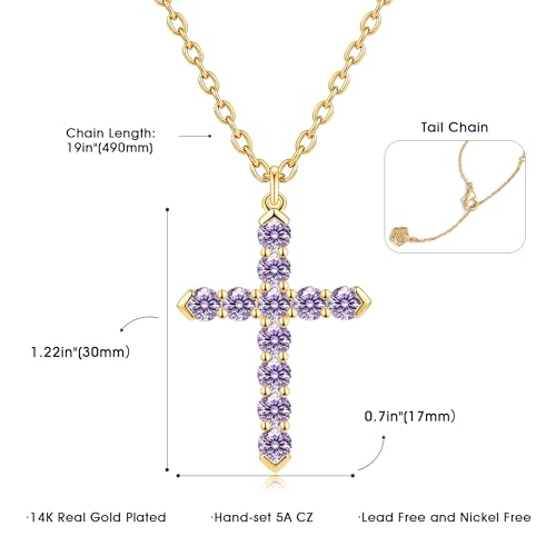 Cross Necklace for Women, Silver Cross Pendant Necklaces | 14K Gold Plated, Dainty CZ Cross Necklace, Non Tarnish and Hypoallergenic Jewelry for Women, Christian Religious Faith Gifts - color: A-Light Purple-Gold