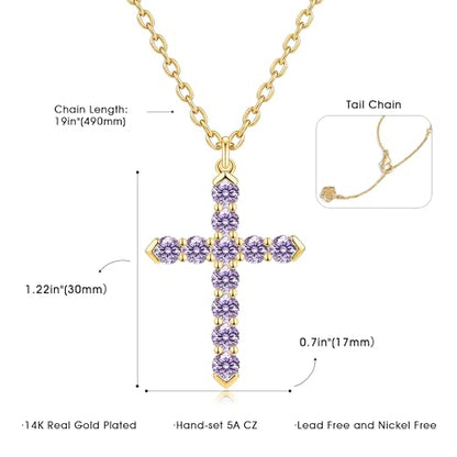 Cross Necklace for Women, Silver Cross Pendant Necklaces | 14K Gold Plated, Dainty CZ Cross Necklace, Non Tarnish and Hypoallergenic Jewelry for Women, Christian Religious Faith Gifts - color: A-Light Purple-Gold