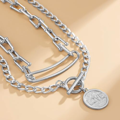 MJartoria Gold Layered Necklaces for Women Trendy Retro Coin Pendant Necklace Chunky Chain Necklaces for Jewelry Birthday Gifts (Silver)