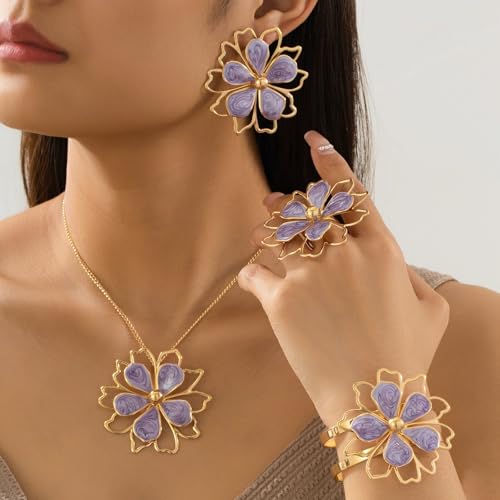 Gold Flower Jewelry Set For Women, 5 Pcs Chunky Golden Floral Pendant Necklace Bracelet Earrings Ring Set Statement Flower Jewelry Gifts For Beach Wedding - color: 5pcs-Purple