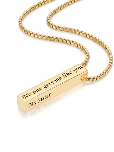 OJK 14K Gold Bar Necklace for Women Minimalist Engraved Pendant Love Message Necklaces Anniversary Birthday Jewelry Gifts for Wife Mom Sister Her - color: 03-Sister
