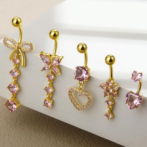 BSJ4U Belly Button Ring Dangle Navel Belly Piercing Jewelry Cute Pink CZ Heart Butterfly Bow Flower Navel Belly Rings for Women 14G Silver Stainless Steel Dainty Dangly Dangling Belly Button Piercing - color: Gold Plated Pink CZ Belly Button Rings