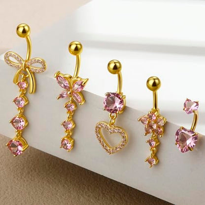 BSJ4U Belly Button Ring Dangle Navel Belly Piercing Jewelry Cute Pink CZ Heart Butterfly Bow Flower Navel Belly Rings for Women 14G Silver Stainless Steel Dainty Dangly Dangling Belly Button Piercing - color: Gold Plated Pink CZ Belly Button Rings