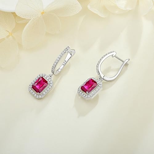 Women's Solitaire Dangle Drop Earrings 925 Sterling Silver Pure Square Huggie Earrings Hoop Dangle Drop Earrings Jewelry Gift - color: 07-ruby-Jul