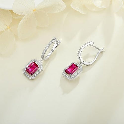 Women's Solitaire Dangle Drop Earrings 925 Sterling Silver Pure Square Huggie Earrings Hoop Dangle Drop Earrings Jewelry Gift - color: 07-ruby-Jul