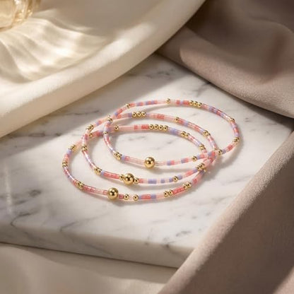 Dainty Gold Plated Tiny Ball Colorful Beaded Stack Bracelets Sets for Women,3Pcs Stackable Cute Bracelet Stretch Trendy Ball Jewelry Friendship Gift - color: pink