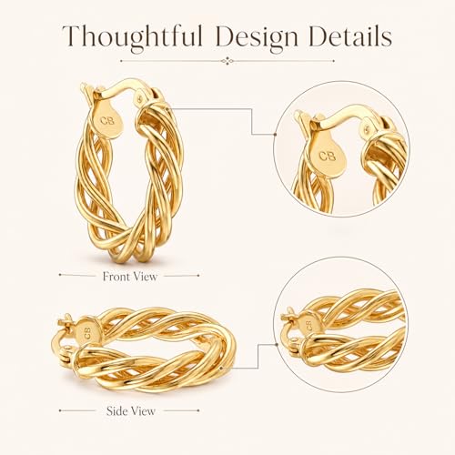 Twisted Hoop Earrings for Women - 14K Gold Plated Braided Hoop Earring | Hypoallergenic Lightweight Twisted Rope Round Hoop Earring | Waterproof Earrings for Women Trendy 20MM
