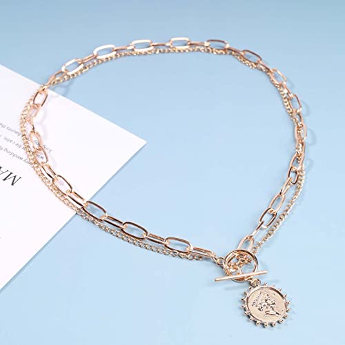 Punk Layered Toggle Necklace Choker Gold Paperclip Chain Necklace Toggle Bar Clasp Necklace Vintage Coin Disc Pendant Necklace Chain Jewelry for Women Gift