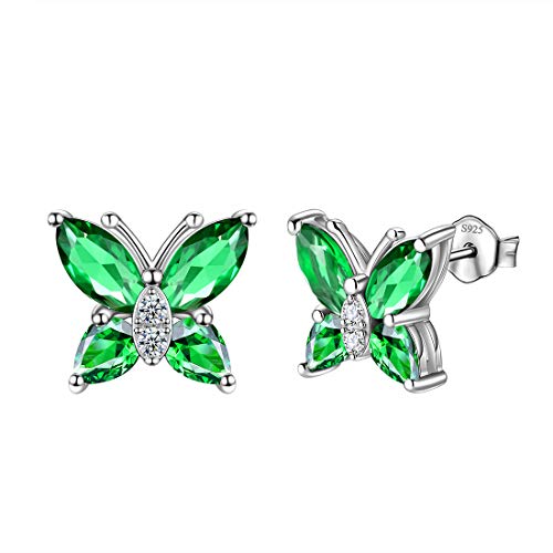 Butterfly Birthstone Stud Earrings - Women 925 Sterling Silver Butterflies Birthstone Stud Earrings Birthday Gift for Women - color: E.May