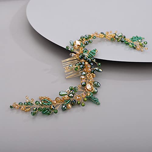 Chargances Wedding Crystal Beaded Hair Vine Comb Bridal Long Pearl Leaf Hair Vine Comb Green Rhinetone Handmade Headpiece Hair Accessories for Wedding Prom Flower Girl (Green-gold) - color: Green-gold