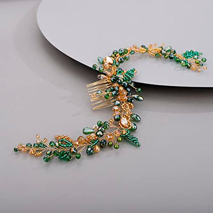 Chargances Wedding Crystal Beaded Hair Vine Comb Bridal Long Pearl Leaf Hair Vine Comb Green Rhinetone Handmade Headpiece Hair Accessories for Wedding Prom Flower Girl (Green-gold) - color: Green-gold