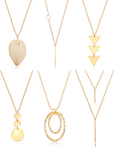 Fesciory 6 PCS Long Pendant Necklace for Women, Gold Bar Circle Leaf Triangle Tassel Y Necklace Set | Gold Plated Bar, Circle, Leaf, Triangle and Disc Pendant, Adjustable Fit, Long Necklace Jewelry Gifts for Loves - color: Set 2