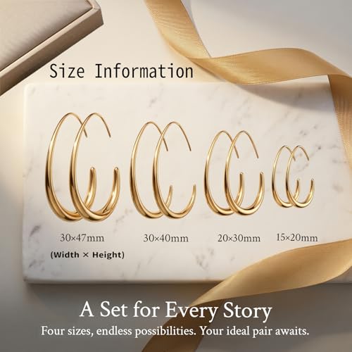 4 Pairs Gold Hoop Earrings for Women | 14K Gold Plated Hypoallergenic Small Large Earrings Set, Lightweight Stainless Steel Hoops - color: Metallic