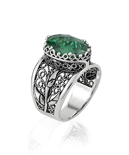 Filigranist 925 Sterling Silver Filigree Art Lace Embroidery Tulip Detailed Gemstone Women Cocktail Ring, Luxurious Gift Boxed - color: Emerald