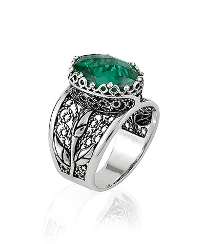 Filigranist 925 Sterling Silver Filigree Art Lace Embroidery Tulip Detailed Gemstone Women Cocktail Ring, Luxurious Gift Boxed - color: Emerald