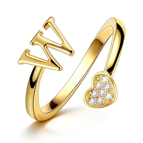 Lunvky Birthday Gifts Silver Initial Rings for Women Teen Girl Kids Trendy Stuff Dainty 14K Gold Plated Adjustable Heart Letter Thumb Rings Pinky Cute Jewelry Personalized Gift - color: Gold, size: Initial-W