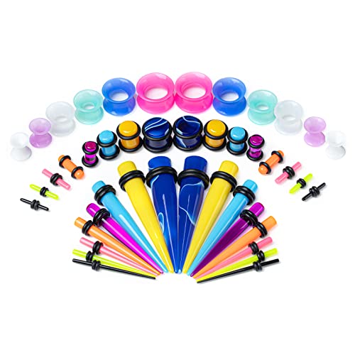 50 Pcs Ear Gauges Stretching Kit 14G-00G | Acrylic Tapers and Plugs Silicone Tunnels, Gauge Expanders Stretching Kit, Piercing Earring Jewelry for Men and Women - color: Multicolor