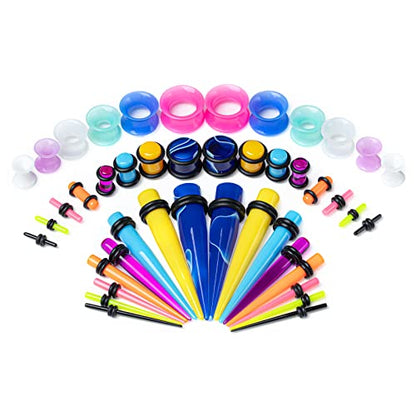 50 Pcs Ear Gauges Stretching Kit 14G-00G | Acrylic Tapers and Plugs Silicone Tunnels, Gauge Expanders Stretching Kit, Piercing Earring Jewelry for Men and Women - color: Multicolor
