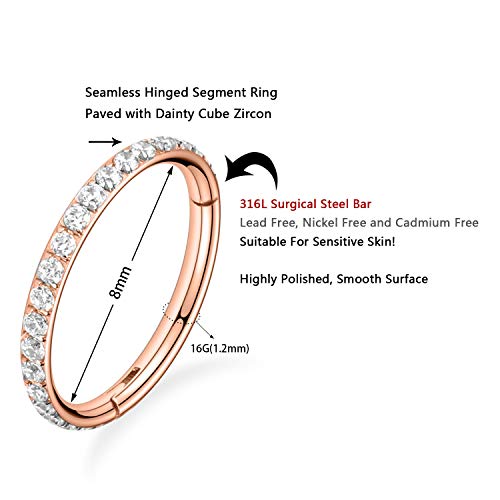 GAGABODY Surgical Steel Hypoallergenic Nose Ring Earring CZ Hoop for Unisex | Hinged Seamless Clasp,Used in Nostril,Septum,Lip,Eyebrow,Nipple and All Ear Piercings.22G to 12G,Inner Diameter 5mm to 14mm - color: Style1:Rose Gold+Clear CZ, size: 16G-8mm