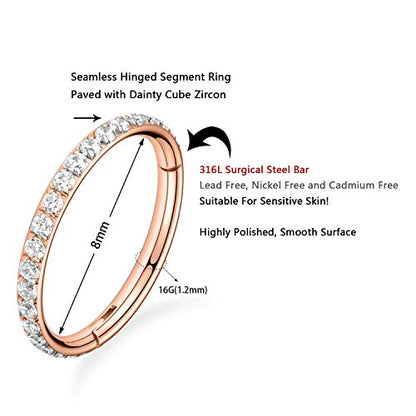 GAGABODY Surgical Steel Hypoallergenic Nose Ring Earring CZ Hoop for Unisex | Hinged Seamless Clasp,Used in Nostril,Septum,Lip,Eyebrow,Nipple and All Ear Piercings.22G to 12G,Inner Diameter 5mm to 14mm - color: Style1:Rose Gold+Clear CZ, size: 16G-8mm