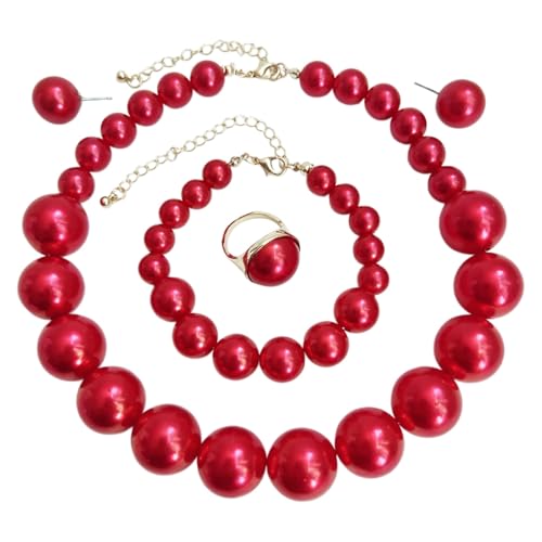 Large Big Simulated Pearl Adjustable Chain Necklace Bracelet Dangling Earrings Ring for Women Jewelry Set Imitation Dainty Elegant Wedding Party Birthday - color: bright red