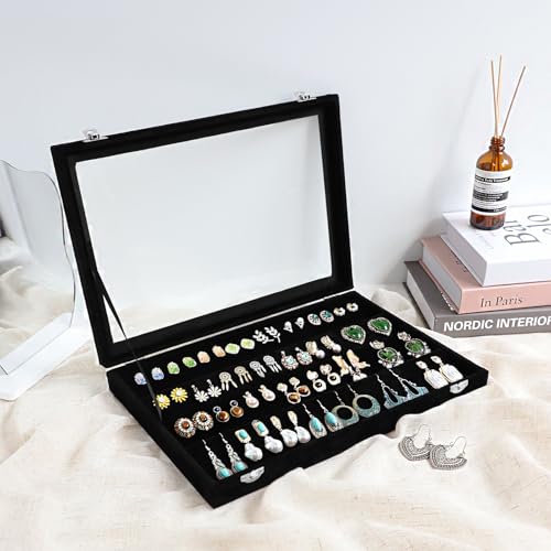 Wudygirl Earring Organizer Tray Jewelry Organizer 32 Pairs Earring Box Organizer Black Velvet Jewelry Display Case with Transparent Lid(Black Earring Storage) | 32 Pairs Jewelry Organizer for Earrings, Perfect for Home Organization, Jewelry Display, Gift