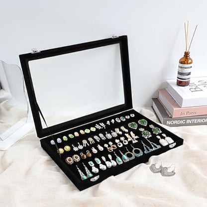 Wudygirl Earring Organizer Tray Jewelry Organizer 32 Pairs Earring Box Organizer Black Velvet Jewelry Display Case with Transparent Lid(Black Earring Storage) | 32 Pairs Jewelry Organizer for Earrings, Perfect for Home Organization, Jewelry Display, Gift