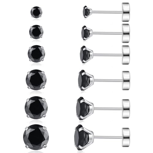 6 Pairs Surgical Steel Flat Back Earrings | CZ Stud Set | Hypoallergenic 316L Surgical Steel • Flat Back Threaded Studs for Cartilage, Helix & Lobe • 6 Mixed Sizes (3-8mm) - color: Flatback-Black