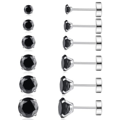 6 Pairs Surgical Steel Flat Back Earrings | CZ Stud Set | Hypoallergenic 316L Surgical Steel • Flat Back Threaded Studs for Cartilage, Helix & Lobe • 6 Mixed Sizes (3-8mm) - color: Flatback-Black