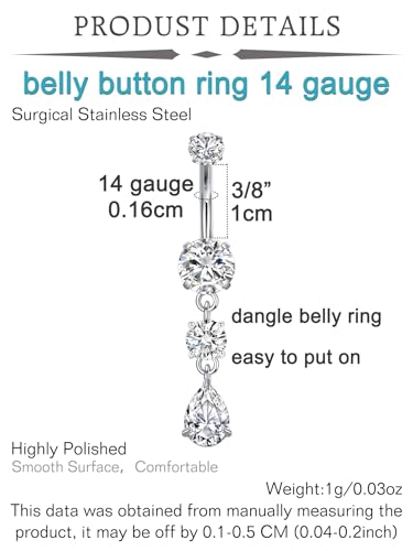 QWALIT Belly Button Rings 14G Surgical Steel Belly Rings CZ Opal Navel Piercing Jewelry for Women Girls 3/8" 10mm Silver Rose Gold - color: D2- dangle 2pcs- silver