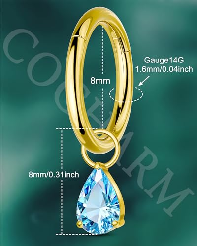 COCHARM Titanium Clicker Hoop Belly Button Ring, 8mm 14G Teardrop Belly Navel Ring, Dangling Hoop Belly Piercing Jewelry Nickel Free - color: Gold-Blue CZ