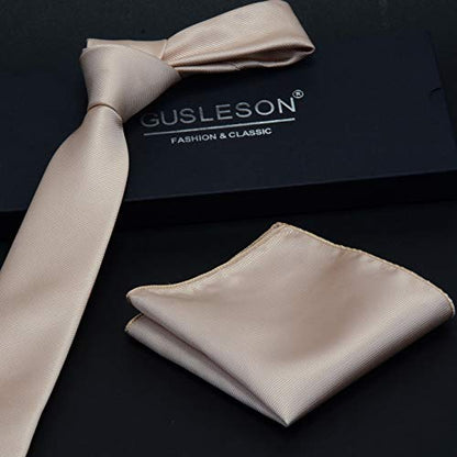 GUSLESON 2.4" Slim Necktie and Handkerchief Set For Men Solid Skinny Tie Set - color: Champagne