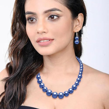 Cryshimmer Pearl Choker Necklace for Women Faux Pearl Beads Strand Necklace Earring Set Costume Jewelry,Gift for Wife Mother - color: Dark Blue