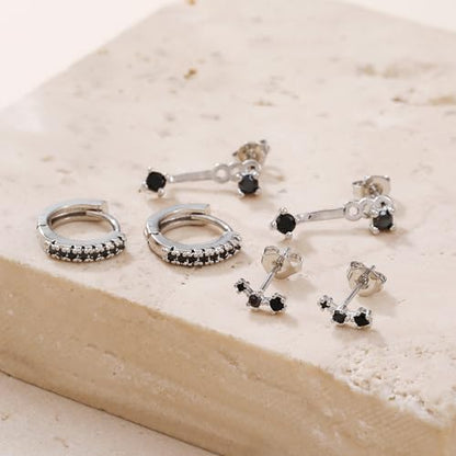3 Pairs Huggie Hoop Earring Set 18K Gold Plated Cubic Zirconia Cartilage Earrings, Multi Piercings Ear Jacket Earring Climber Stud Earring for Women Everyday Earrings - color: Silver Black Cubic Zirconia Hoop